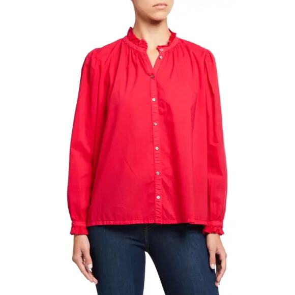 Xirena Top Womens Medium Red Rosette Emery Button Up Long Sleeve Poplin Cotton - Picture 1 of 13